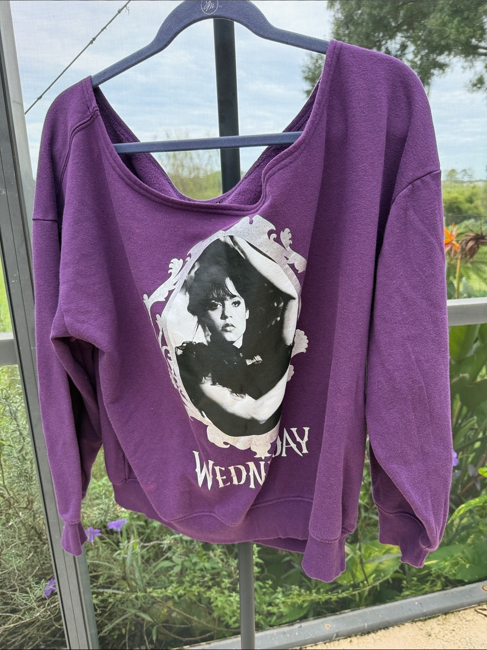 Women’s Off-the-Shoulder Purple Wednesday Adams Graphic Sweatshirt